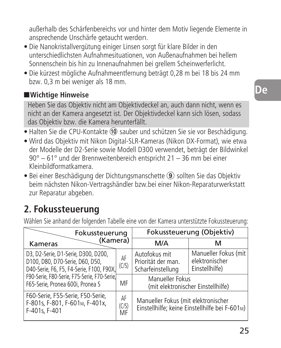 Fokussteuerung | Nikon 14-24mm-f28G-ED-AF-S-Nikkor User Manual | Page 25 / 118