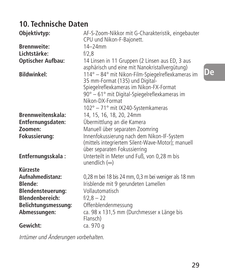 Technische daten | Nikon 14-24mm-f28G-ED-AF-S-Nikkor User Manual | Page 29 / 118