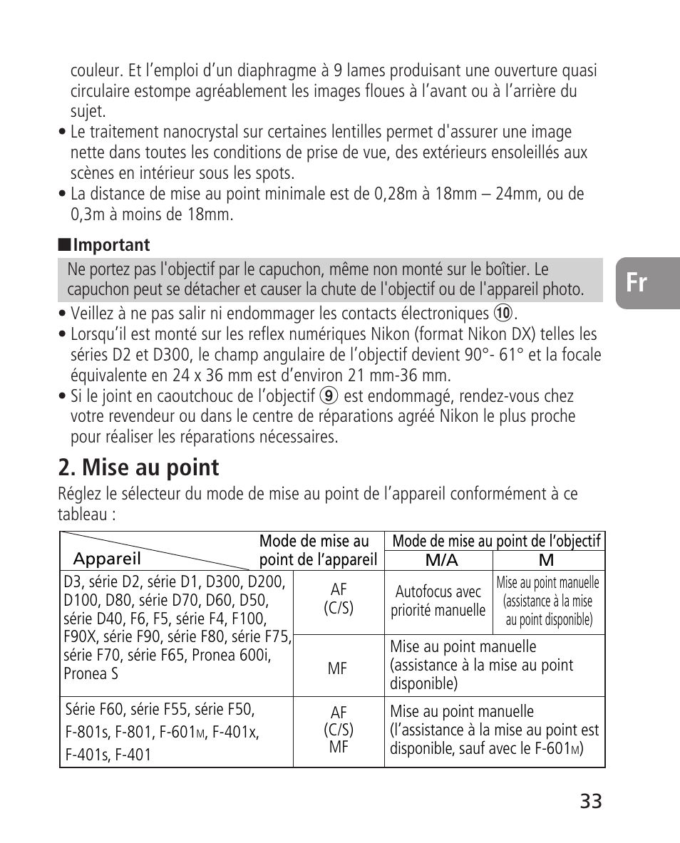 Mise au point | Nikon 14-24mm-f28G-ED-AF-S-Nikkor User Manual | Page 33 / 118