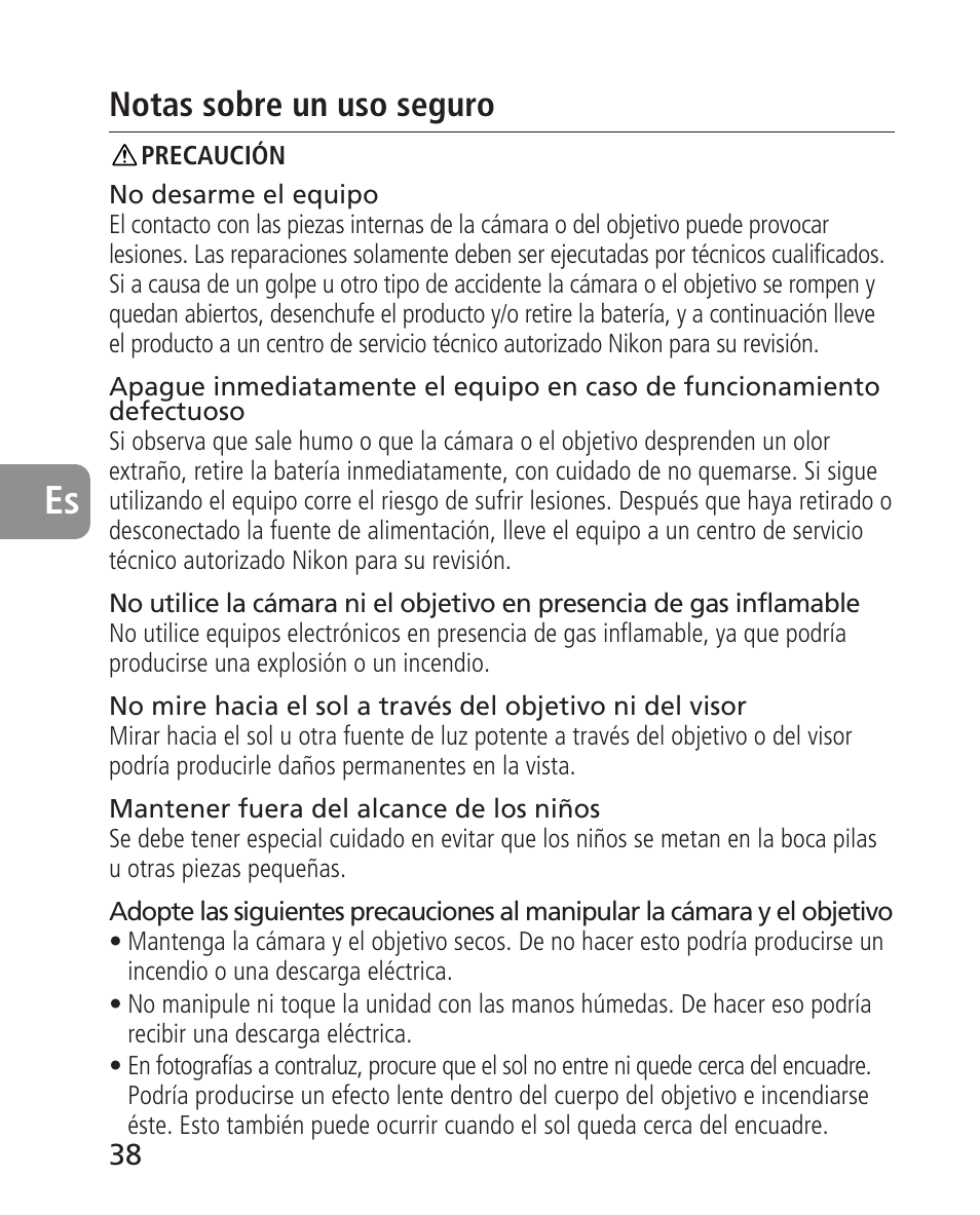 Notas sobre un uso seguro | Nikon 14-24mm-f28G-ED-AF-S-Nikkor User Manual | Page 38 / 118