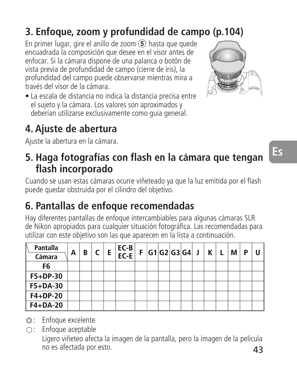 Enfoque, zoom y profundidad de campo (p.104), Ajuste de abertura, Pantallas de enfoque recomendadas | Nikon 14-24mm-f28G-ED-AF-S-Nikkor User Manual | Page 43 / 118