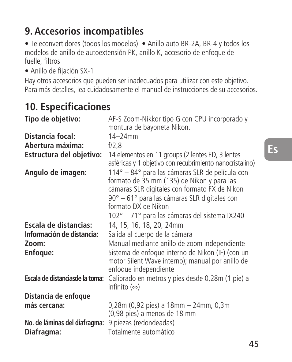 Accesorios incompatibles, Especificaciones | Nikon 14-24mm-f28G-ED-AF-S-Nikkor User Manual | Page 45 / 118