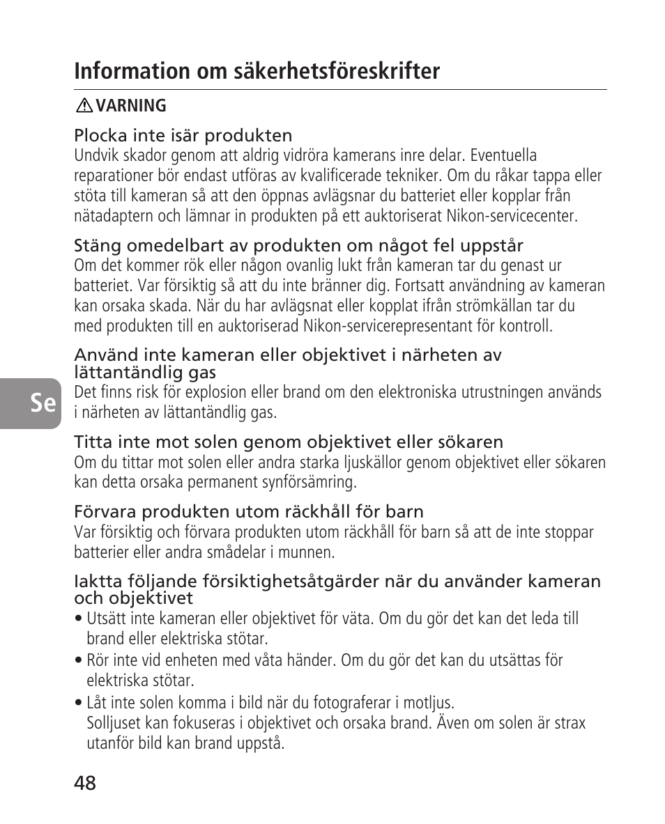 Information om säkerhetsföreskrifter | Nikon 14-24mm-f28G-ED-AF-S-Nikkor User Manual | Page 48 / 118