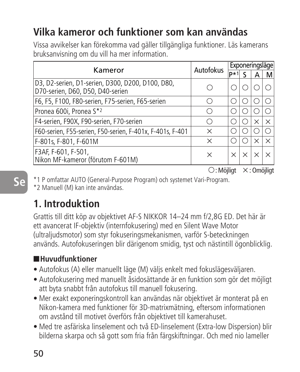 Vilka kameror och funktioner som kan användas, Introduktion | Nikon 14-24mm-f28G-ED-AF-S-Nikkor User Manual | Page 50 / 118