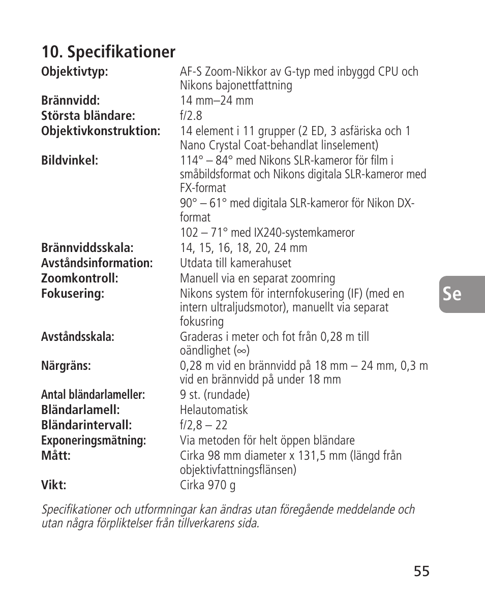 Specifikationer | Nikon 14-24mm-f28G-ED-AF-S-Nikkor User Manual | Page 55 / 118