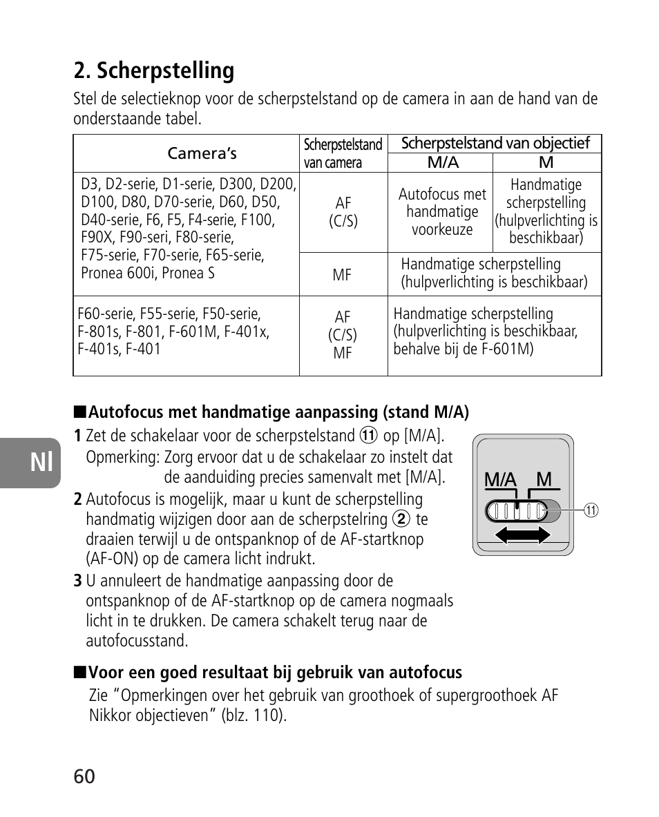 Scherpstelling | Nikon 14-24mm-f28G-ED-AF-S-Nikkor User Manual | Page 60 / 118