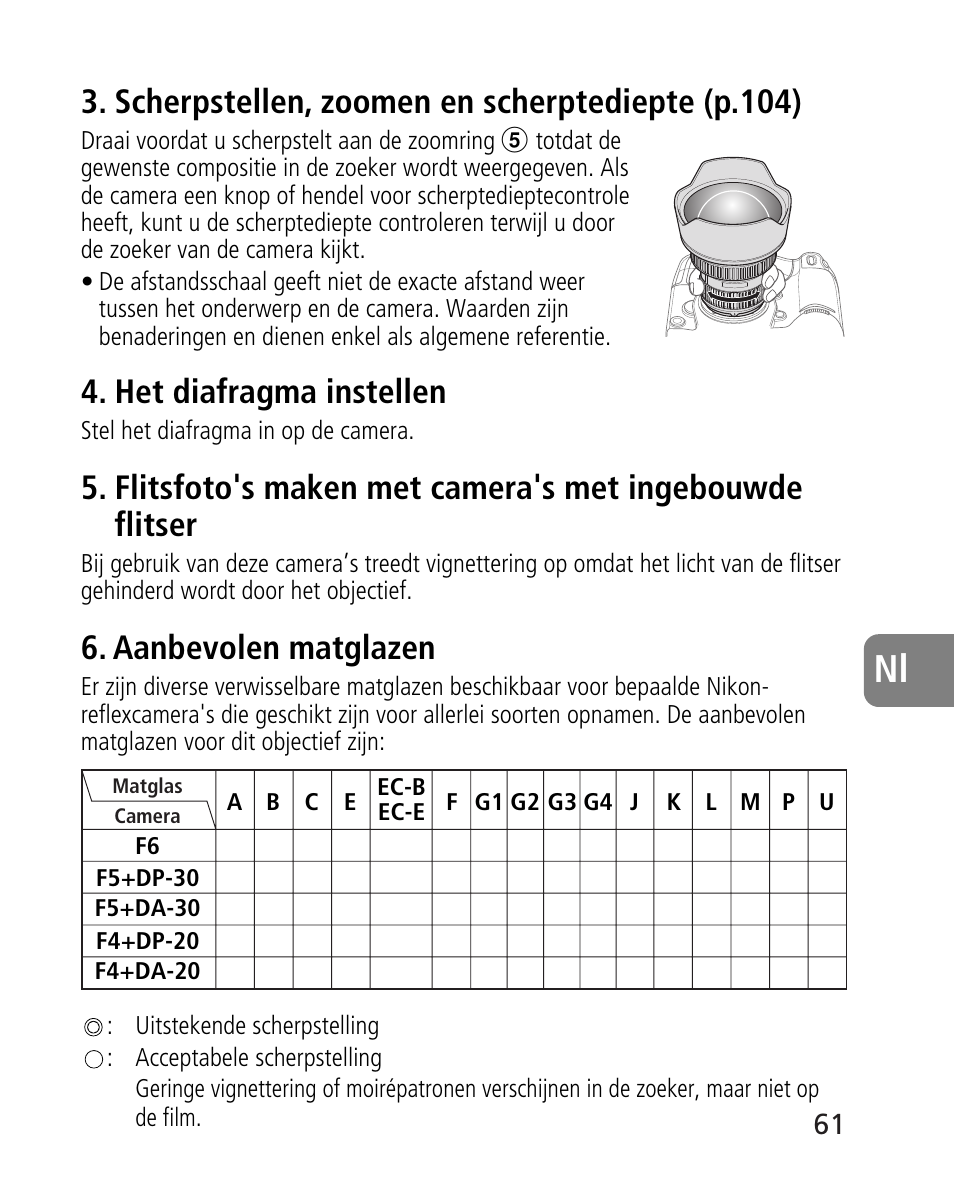 Scherpstellen, zoomen en scherptediepte (p.104), Het diafragma instellen, Aanbevolen matglazen | Nikon 14-24mm-f28G-ED-AF-S-Nikkor User Manual | Page 61 / 118