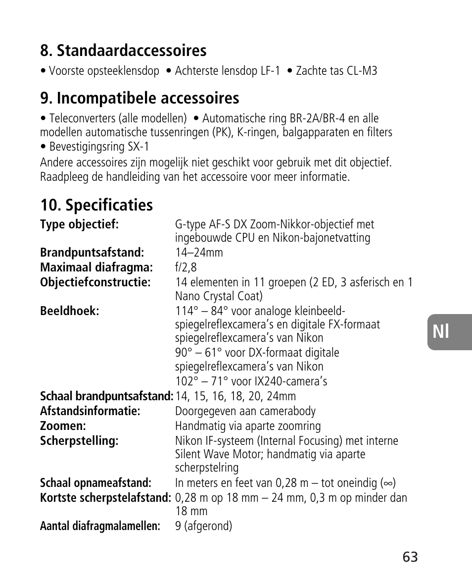 Standaardaccessoires, Incompatibele accessoires, Specificaties | Nikon 14-24mm-f28G-ED-AF-S-Nikkor User Manual | Page 63 / 118