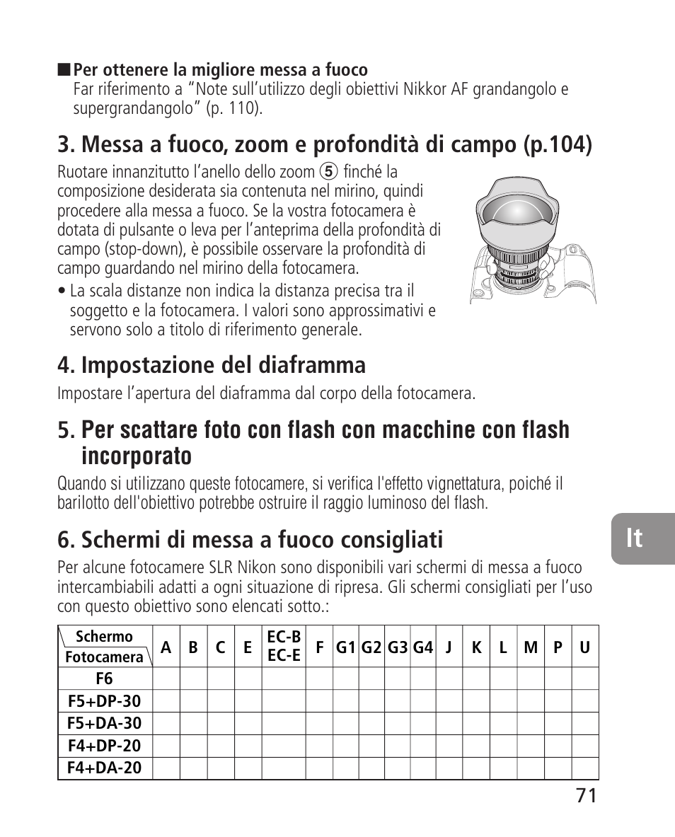 Messa a fuoco, zoom e profondità di campo (p.104), Impostazione del diaframma, Schermi di messa a fuoco consigliati | Nikon 14-24mm-f28G-ED-AF-S-Nikkor User Manual | Page 71 / 118