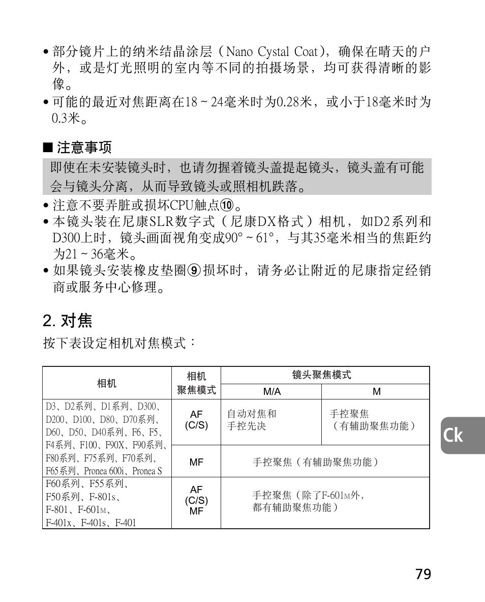 注意事項, 按下表設定相機對焦模式 | Nikon 14-24mm-f28G-ED-AF-S-Nikkor User Manual | Page 79 / 118