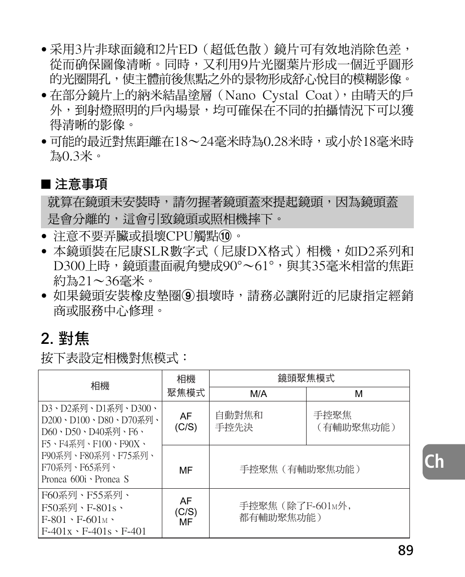 注意事項, 按下表設定相機對焦模式 | Nikon 14-24mm-f28G-ED-AF-S-Nikkor User Manual | Page 89 / 118