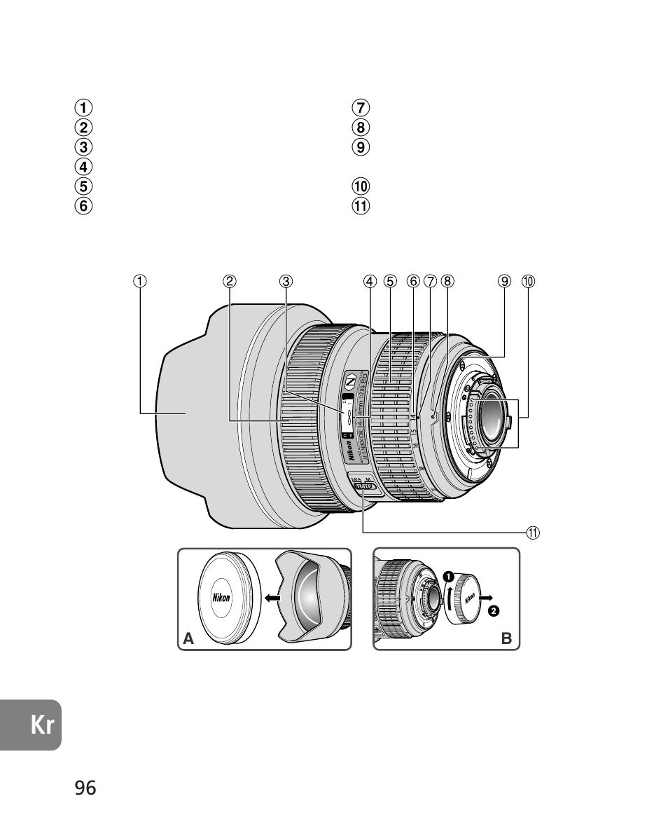 각부의 명칭 | Nikon 14-24mm-f28G-ED-AF-S-Nikkor User Manual | Page 96 / 118