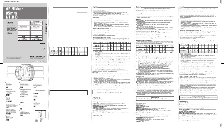 Nikon 85mm-f-18D-AF-Nikkor User Manual | 2 pages