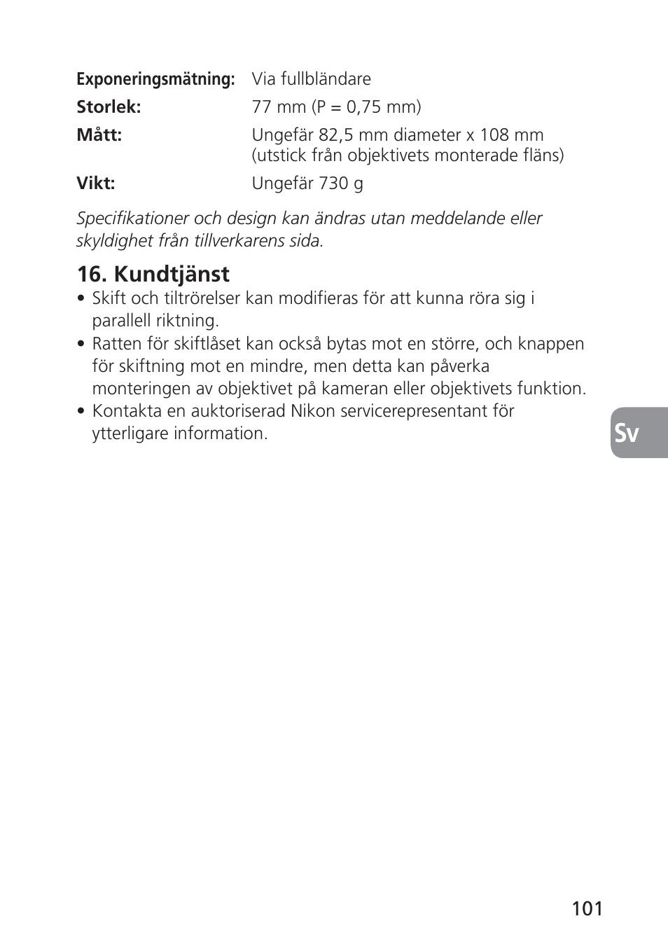 Kundtjänst | Nikon 24mm-f-35D-PC-E-Nikkor User Manual | Page 101 / 236