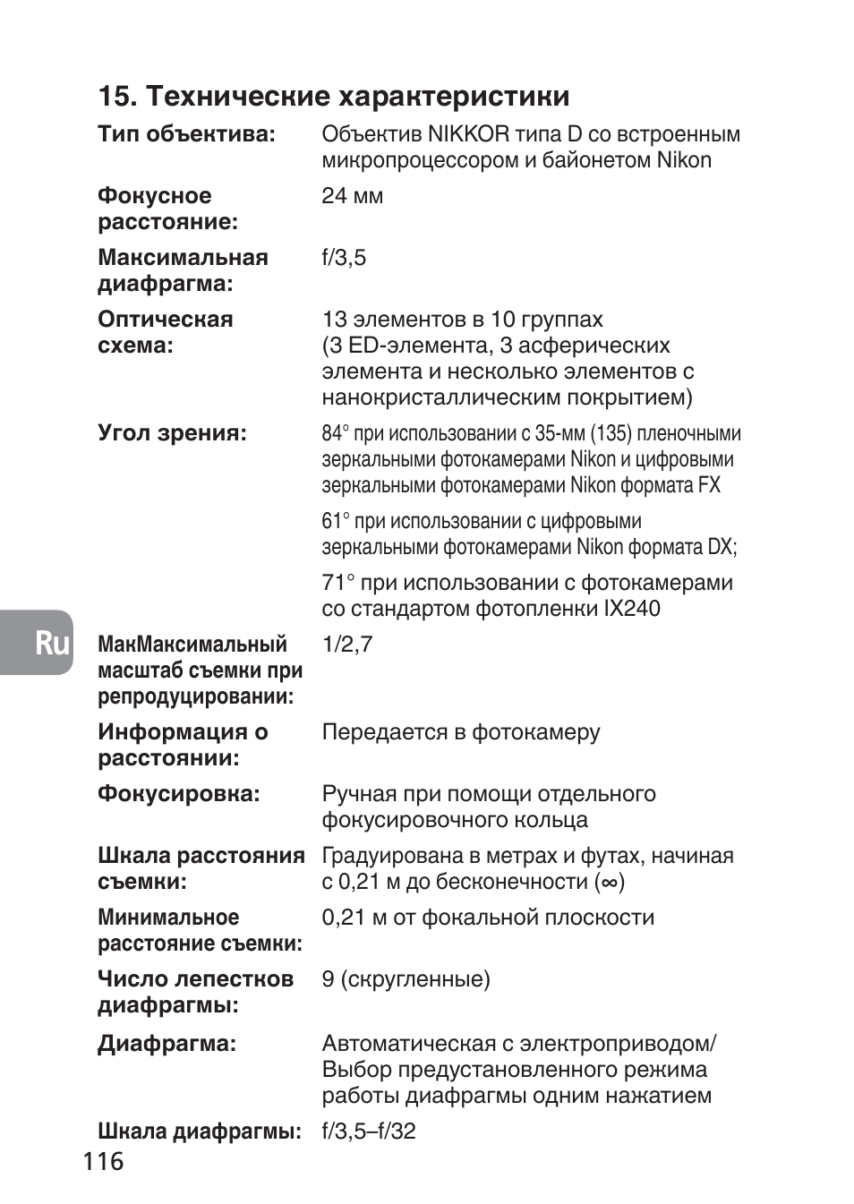Технические характеристики | Nikon 24mm-f-35D-PC-E-Nikkor User Manual | Page 116 / 236