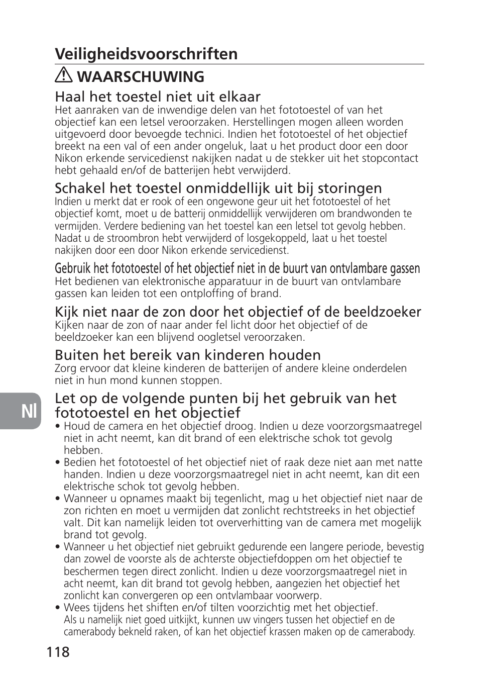 Veiligheidsvoorschriften, Waarschuwing | Nikon 24mm-f-35D-PC-E-Nikkor User Manual | Page 118 / 236