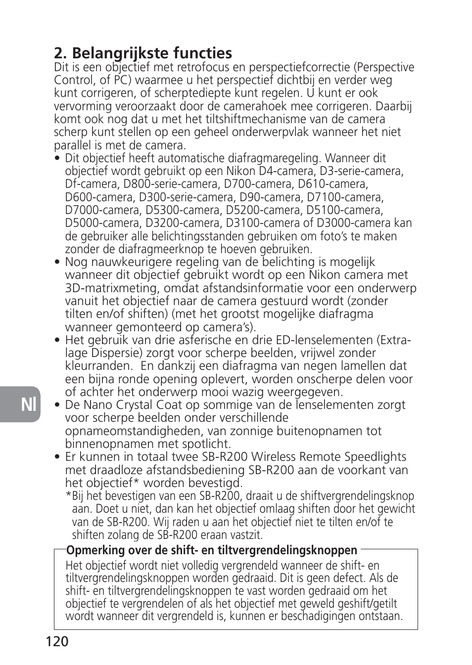 Belangrijkste functies | Nikon 24mm-f-35D-PC-E-Nikkor User Manual | Page 120 / 236