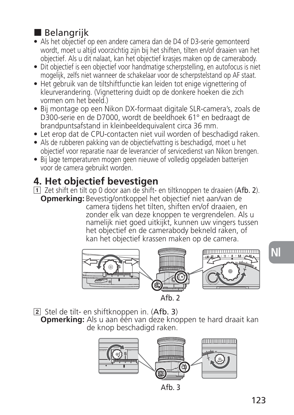 Het objectief bevestigen | Nikon 24mm-f-35D-PC-E-Nikkor User Manual | Page 123 / 236