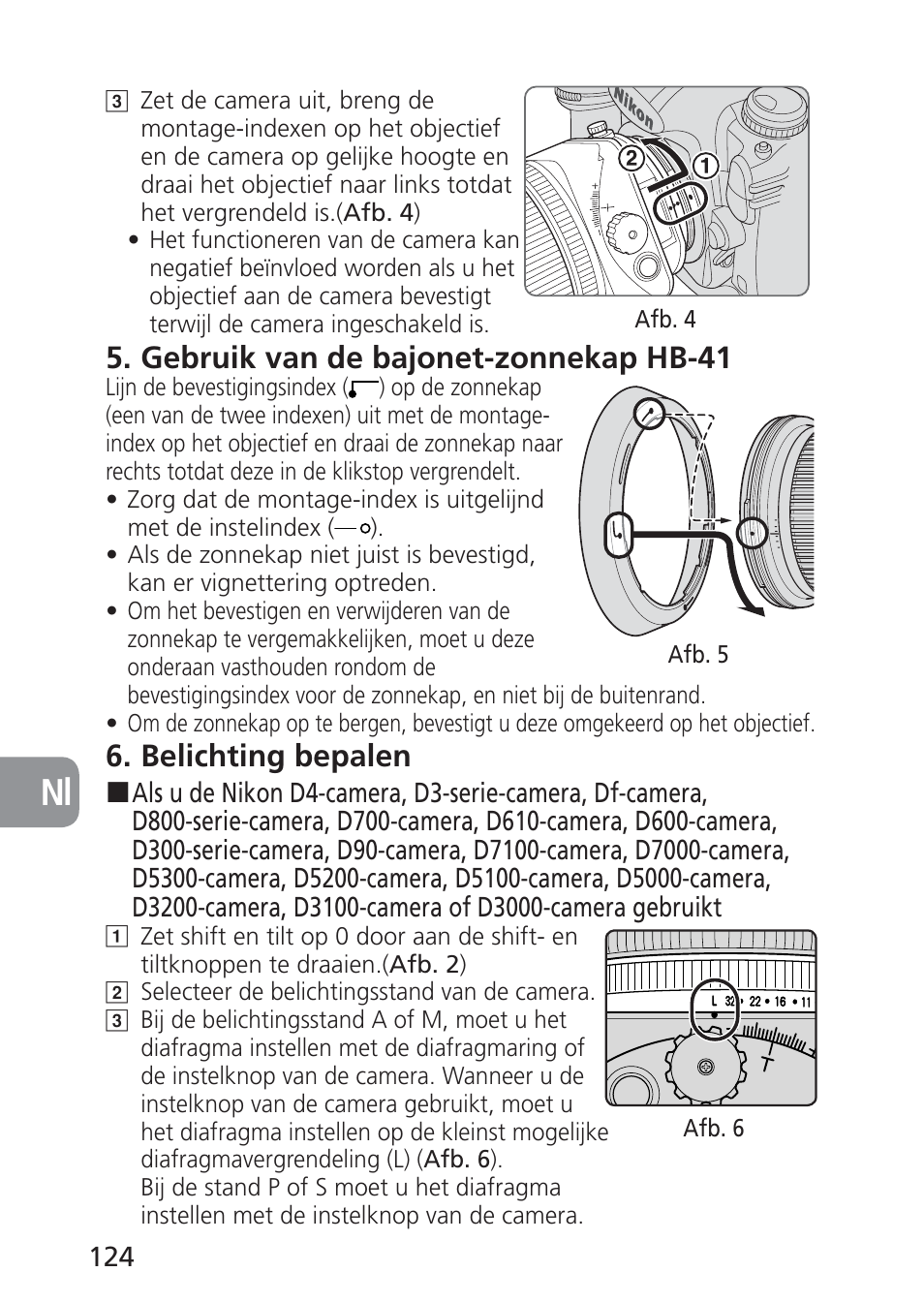 Gebruik van de bajonet-zonnekap hb-41, Belichting bepalen | Nikon 24mm-f-35D-PC-E-Nikkor User Manual | Page 124 / 236