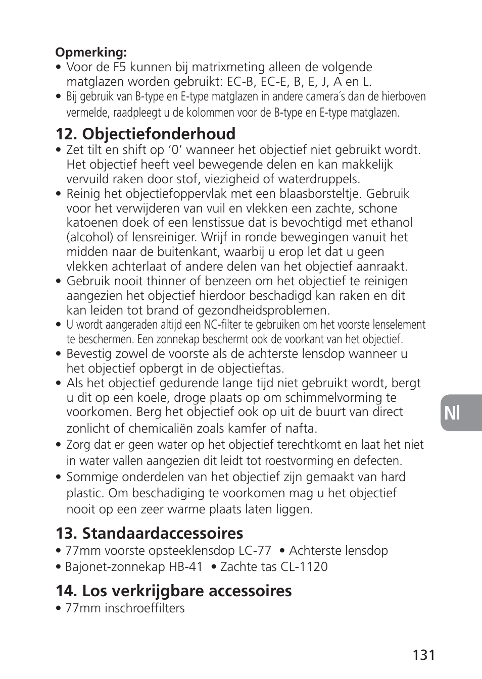 Objectiefonderhoud, Standaardaccessoires, Los verkrijgbare accessoires | Nikon 24mm-f-35D-PC-E-Nikkor User Manual | Page 131 / 236