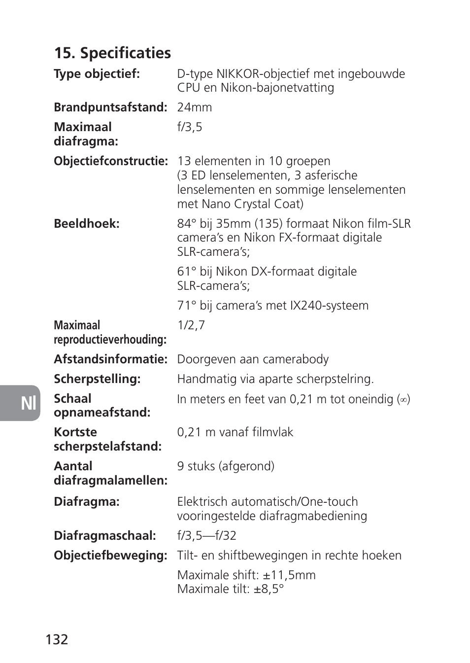 Specificaties | Nikon 24mm-f-35D-PC-E-Nikkor User Manual | Page 132 / 236