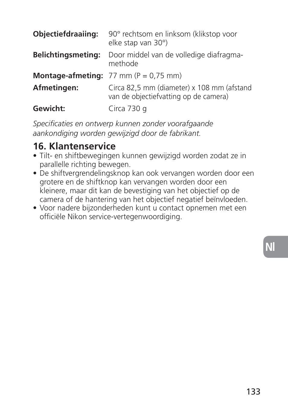 Klantenservice | Nikon 24mm-f-35D-PC-E-Nikkor User Manual | Page 133 / 236
