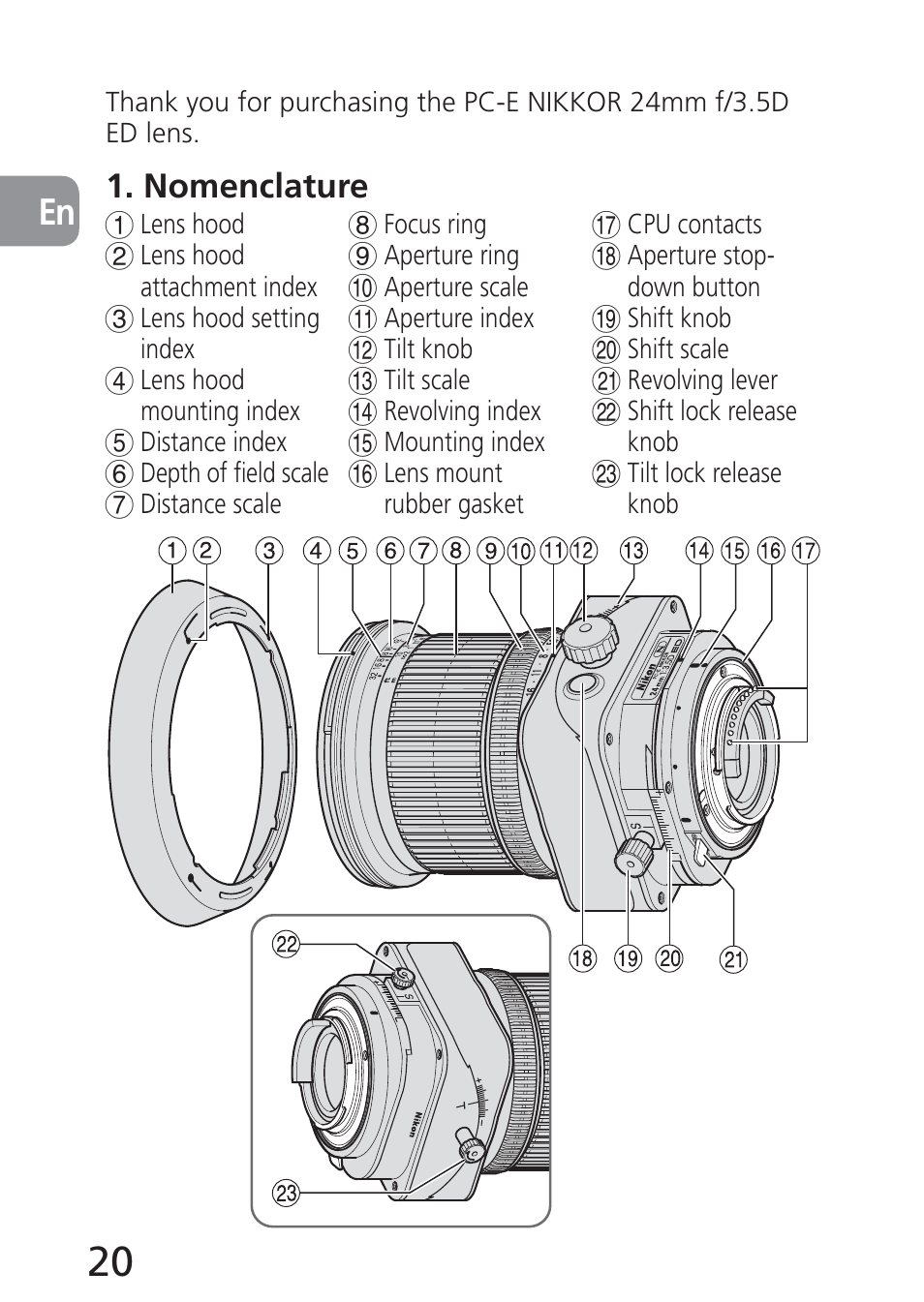 Nomenclature | Nikon 24mm-f-35D-PC-E-Nikkor User Manual | Page 20 / 236