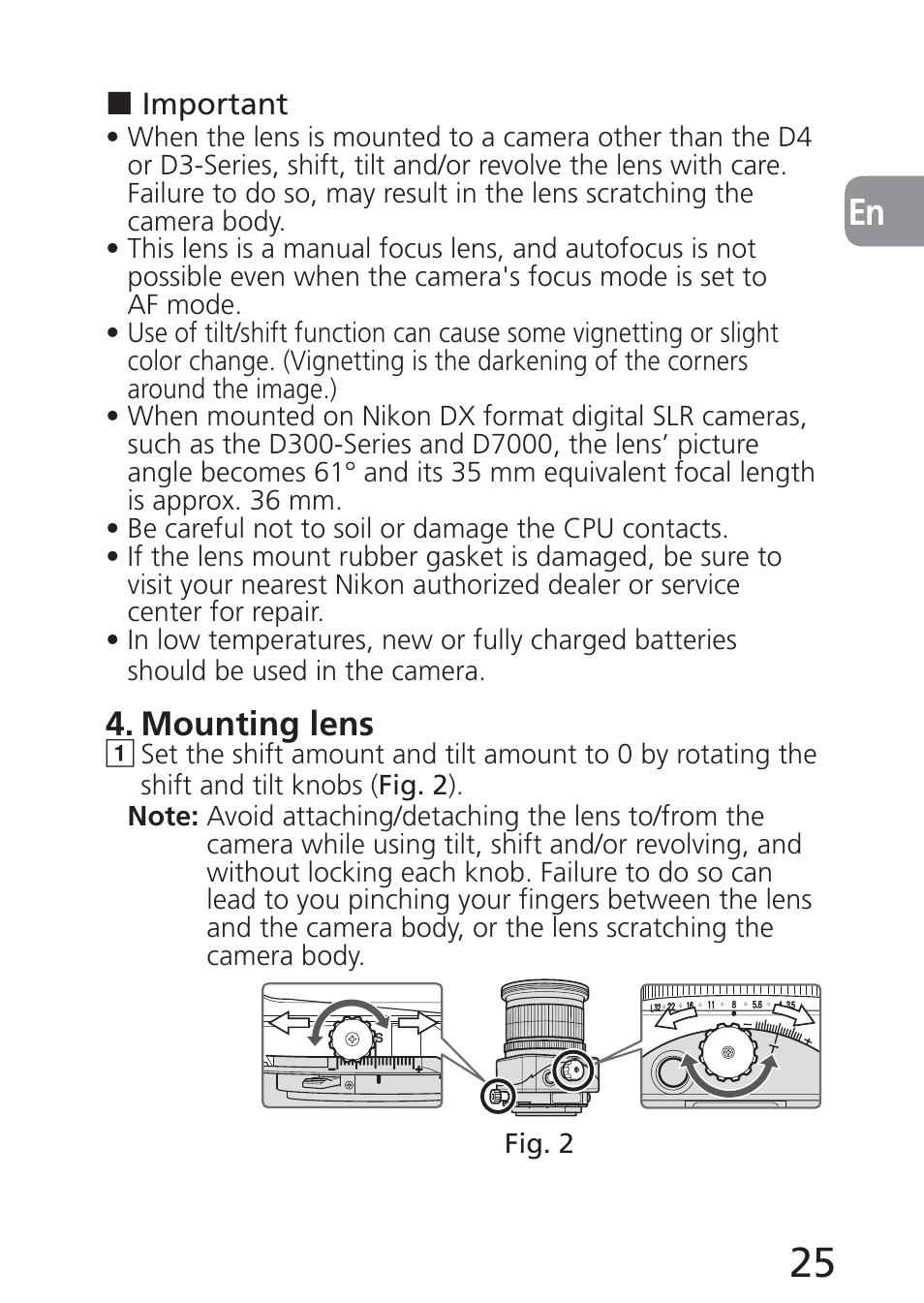 Mounting lens | Nikon 24mm-f-35D-PC-E-Nikkor User Manual | Page 25 / 236