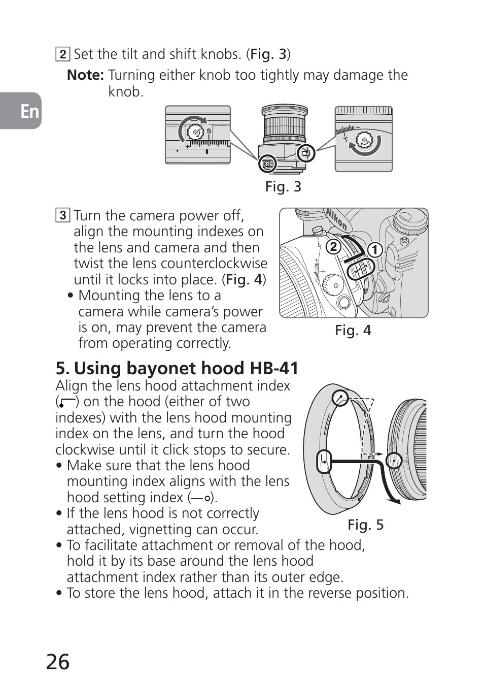 Using bayonet hood hb-41 | Nikon 24mm-f-35D-PC-E-Nikkor User Manual | Page 26 / 236