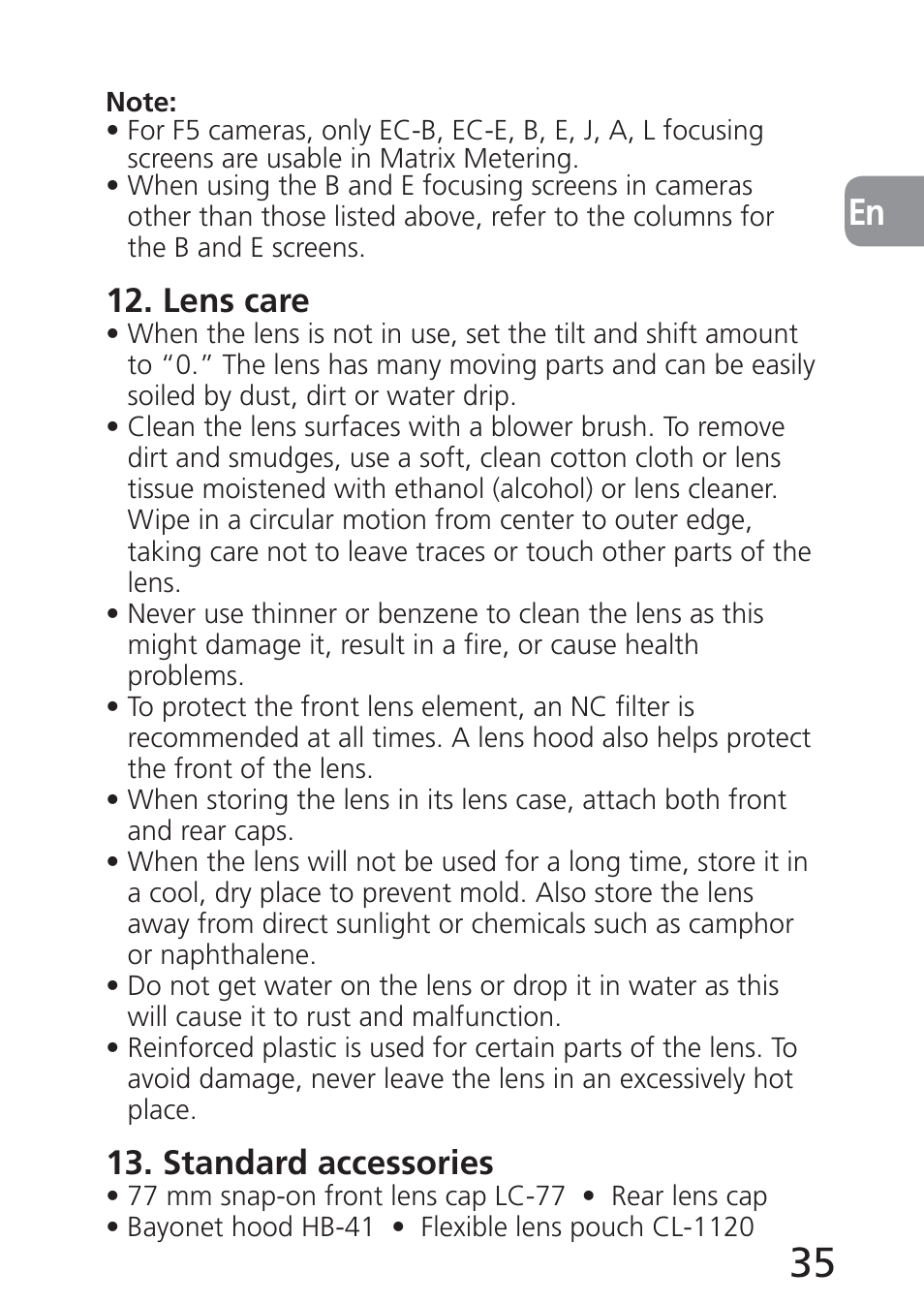 Lens care, Standard accessories | Nikon 24mm-f-35D-PC-E-Nikkor User Manual | Page 35 / 236