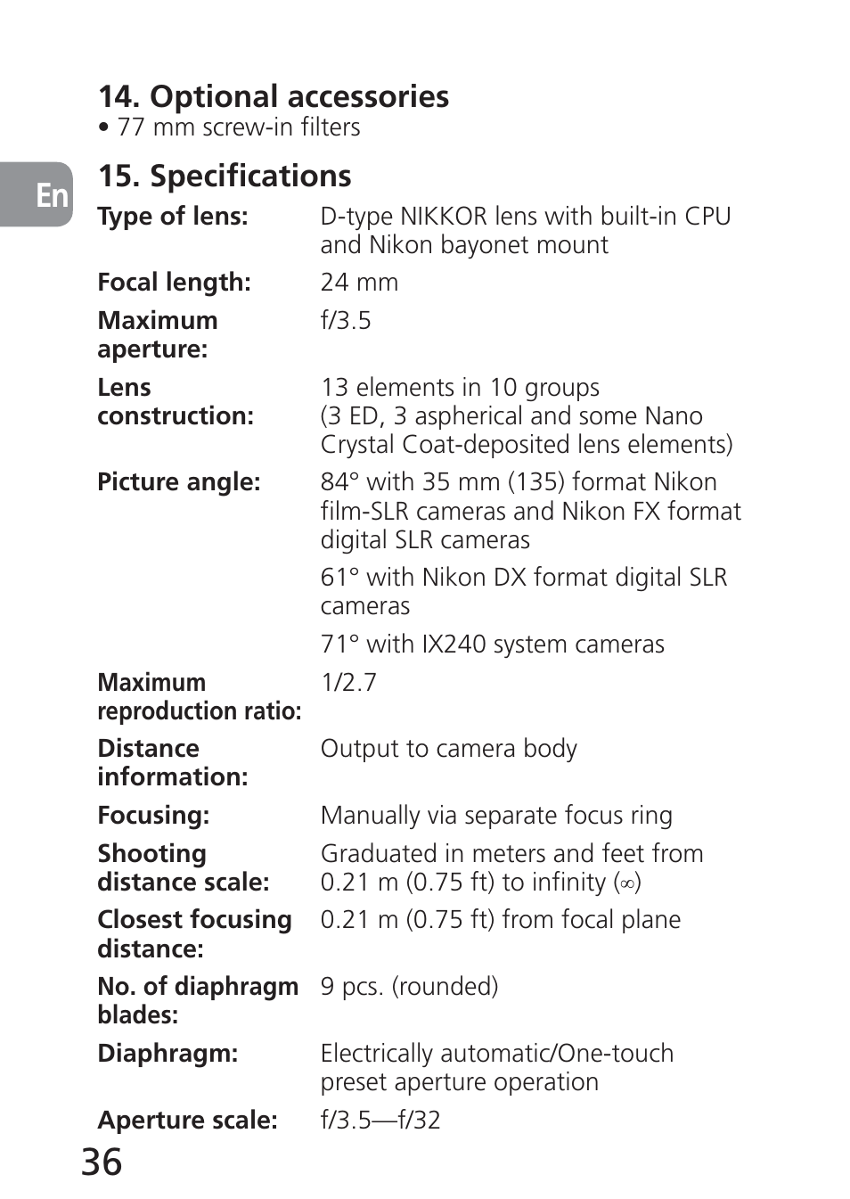 Optional accessories, Specifications | Nikon 24mm-f-35D-PC-E-Nikkor User Manual | Page 36 / 236