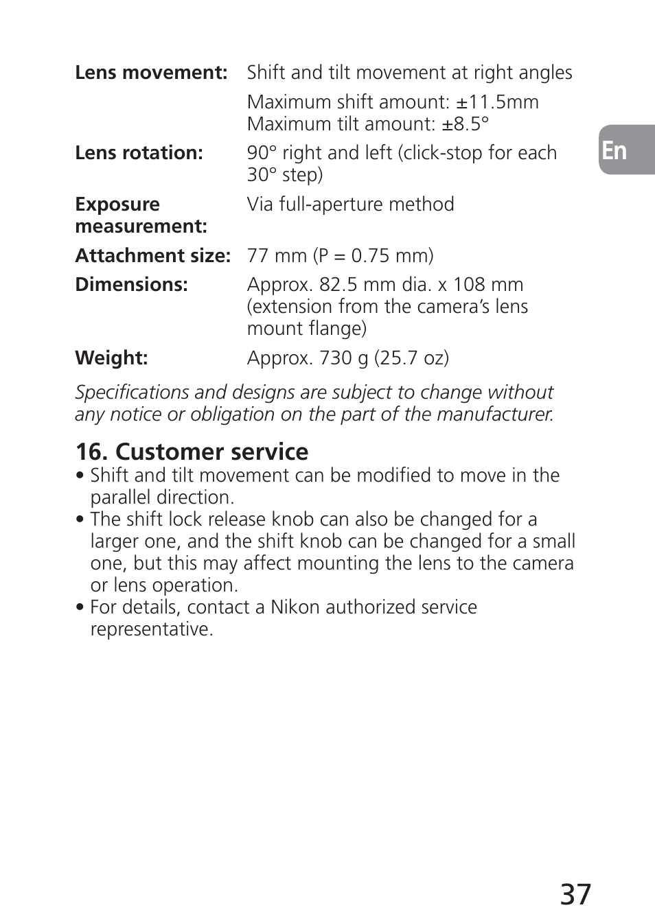 Customer service | Nikon 24mm-f-35D-PC-E-Nikkor User Manual | Page 37 / 236