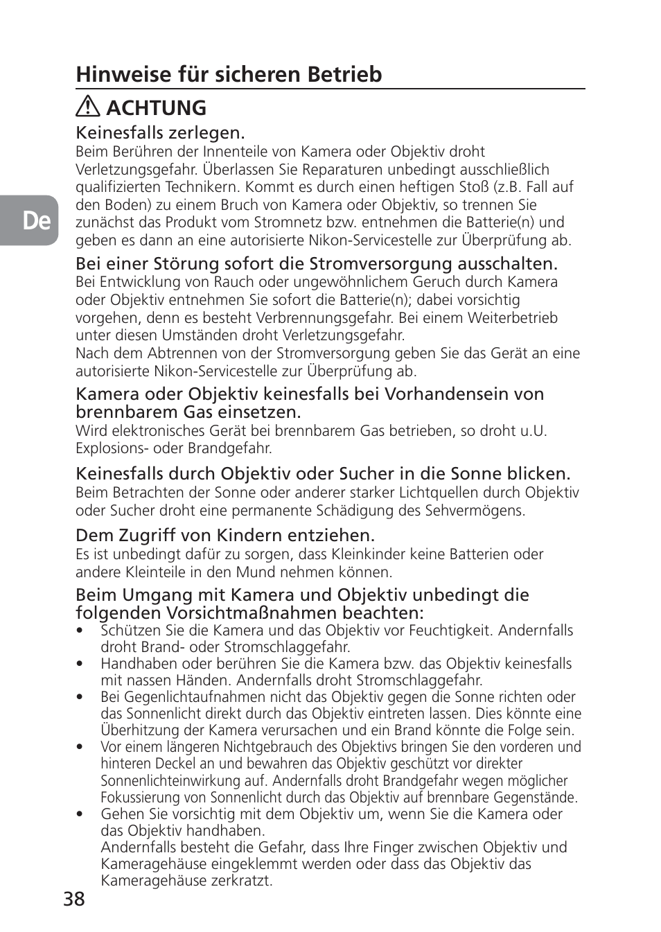 Hinweise für sicheren betrieb, Achtung | Nikon 24mm-f-35D-PC-E-Nikkor User Manual | Page 38 / 236