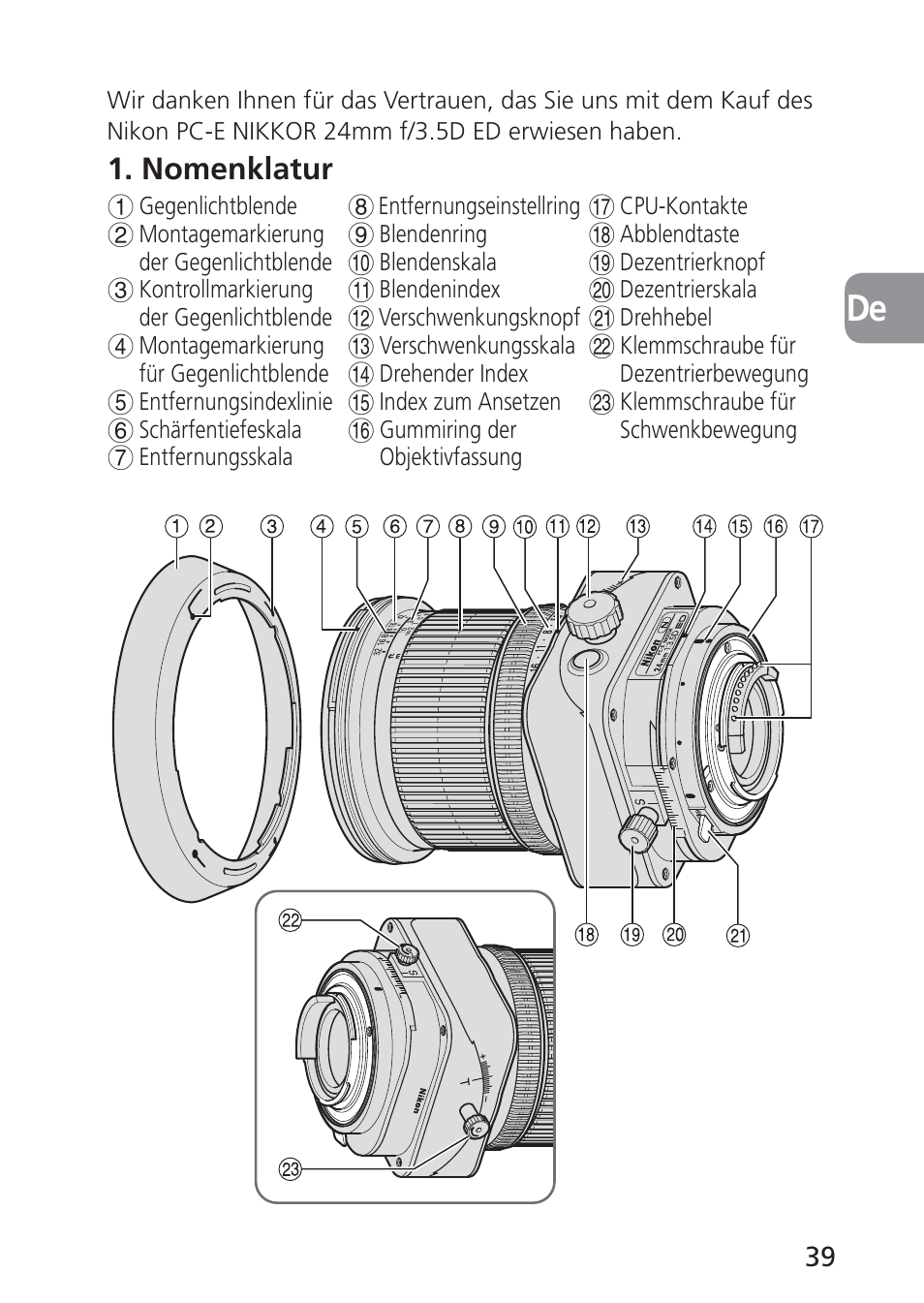 Nomenklatur | Nikon 24mm-f-35D-PC-E-Nikkor User Manual | Page 39 / 236