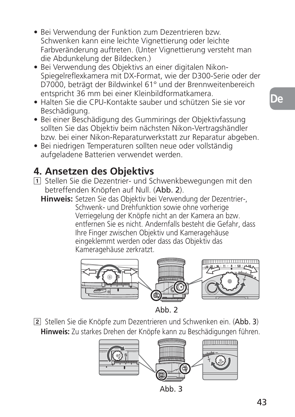 Ansetzen des objektivs | Nikon 24mm-f-35D-PC-E-Nikkor User Manual | Page 43 / 236