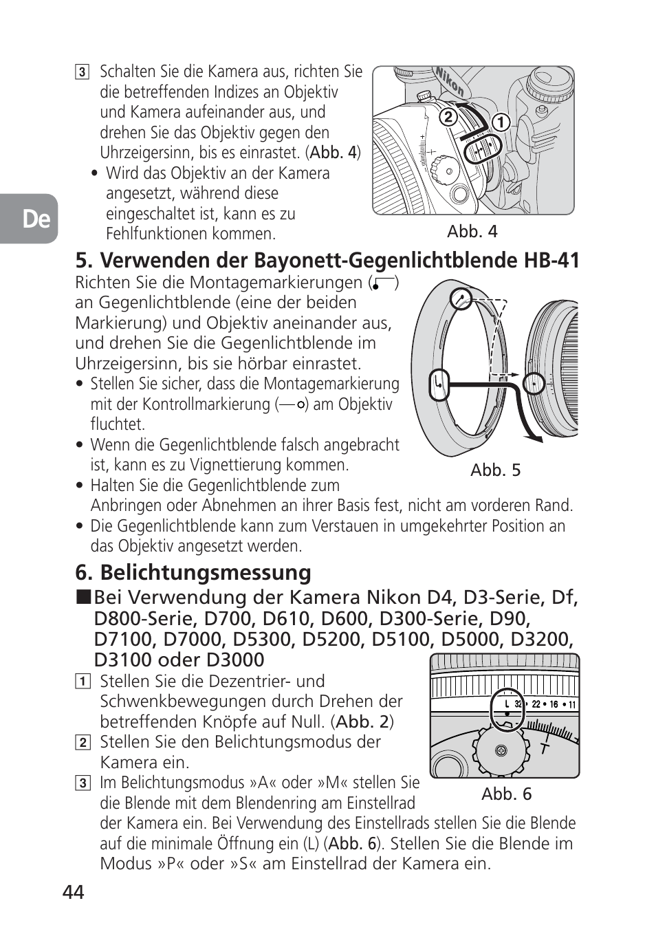 Verwenden der bayonett-gegenlichtblende hb-41, Belichtungsmessung | Nikon 24mm-f-35D-PC-E-Nikkor User Manual | Page 44 / 236