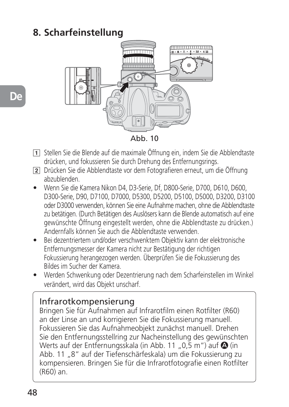 Scharfeinstellung | Nikon 24mm-f-35D-PC-E-Nikkor User Manual | Page 48 / 236