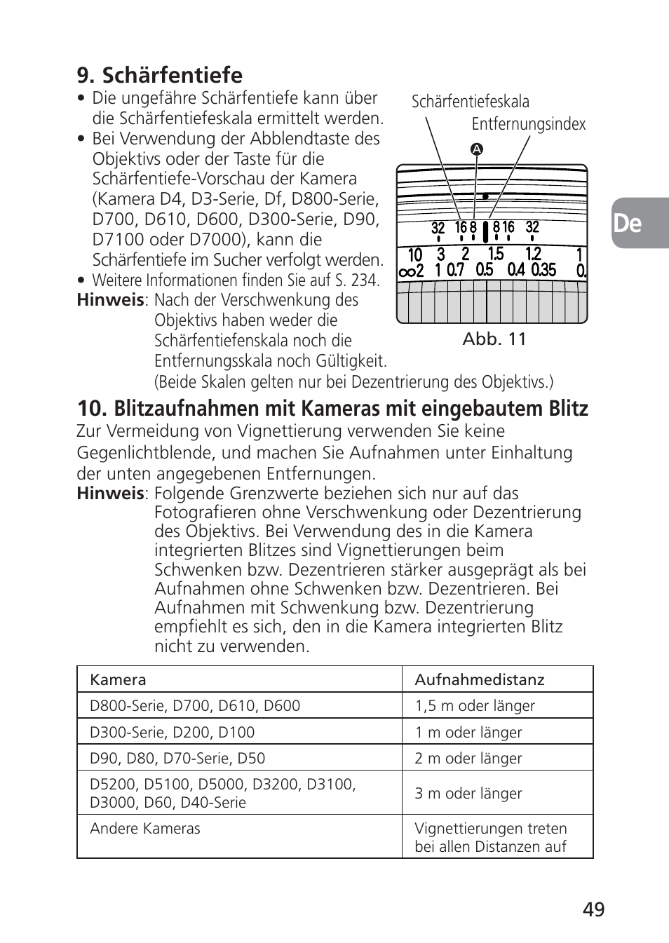 Schärfentiefe, Blitzaufnahmen mit kameras mit eingebautem blitz | Nikon 24mm-f-35D-PC-E-Nikkor User Manual | Page 49 / 236