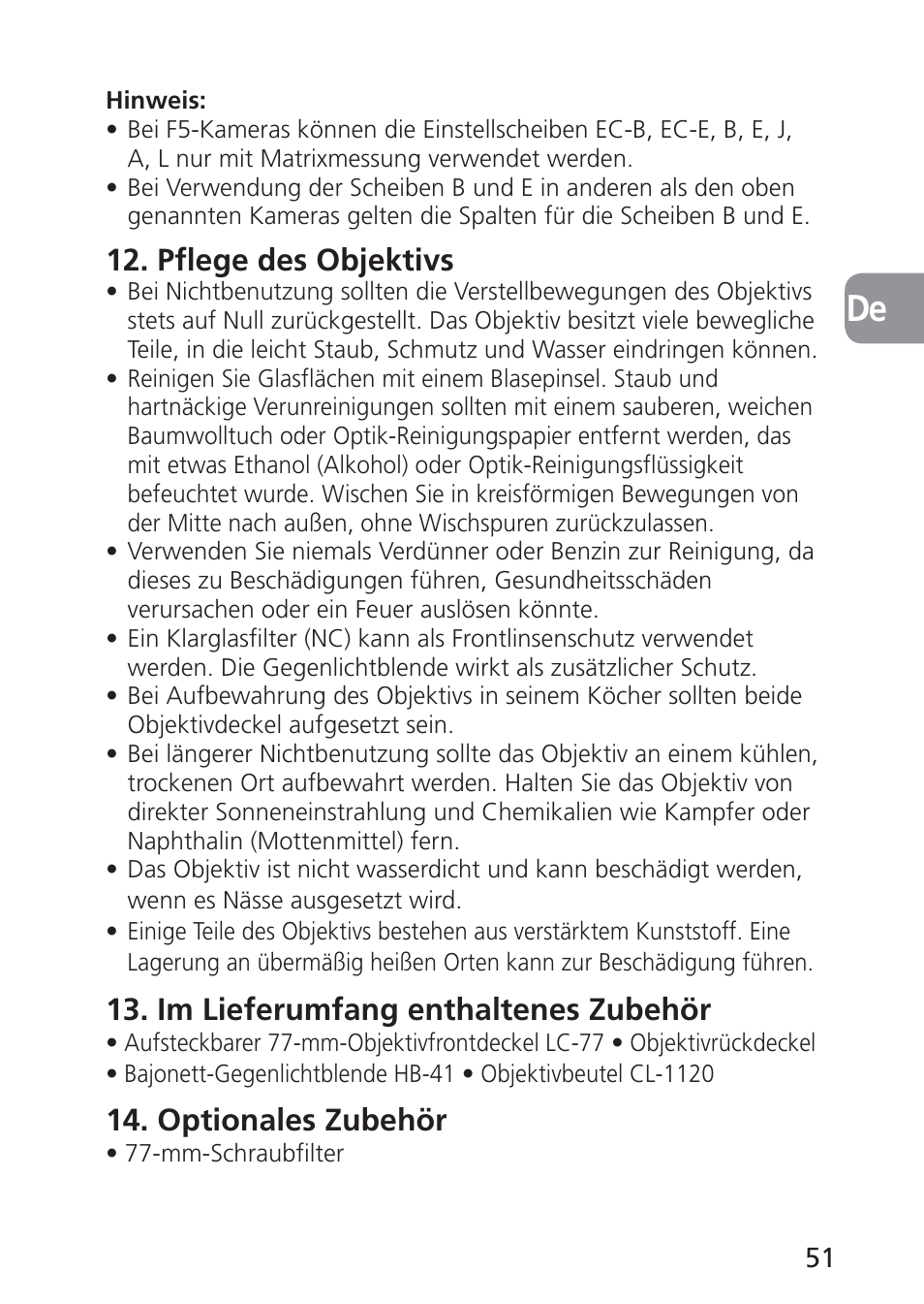 Pflege des objektivs, Im lieferumfang enthaltenes zubehör, Optionales zubehör | Nikon 24mm-f-35D-PC-E-Nikkor User Manual | Page 51 / 236