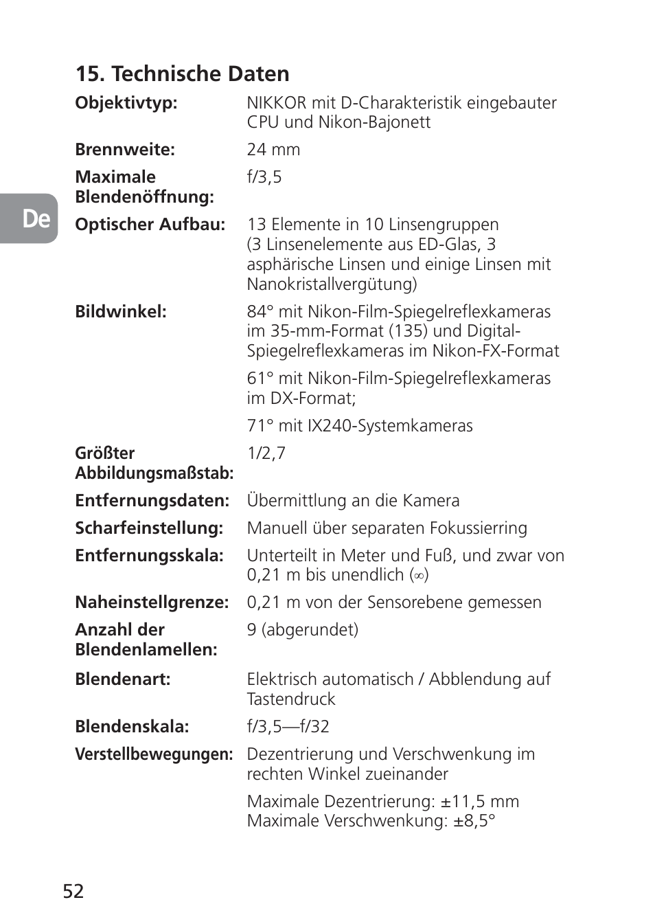 Technische daten | Nikon 24mm-f-35D-PC-E-Nikkor User Manual | Page 52 / 236