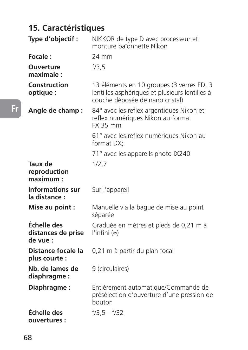 Caractéristiques | Nikon 24mm-f-35D-PC-E-Nikkor User Manual | Page 68 / 236