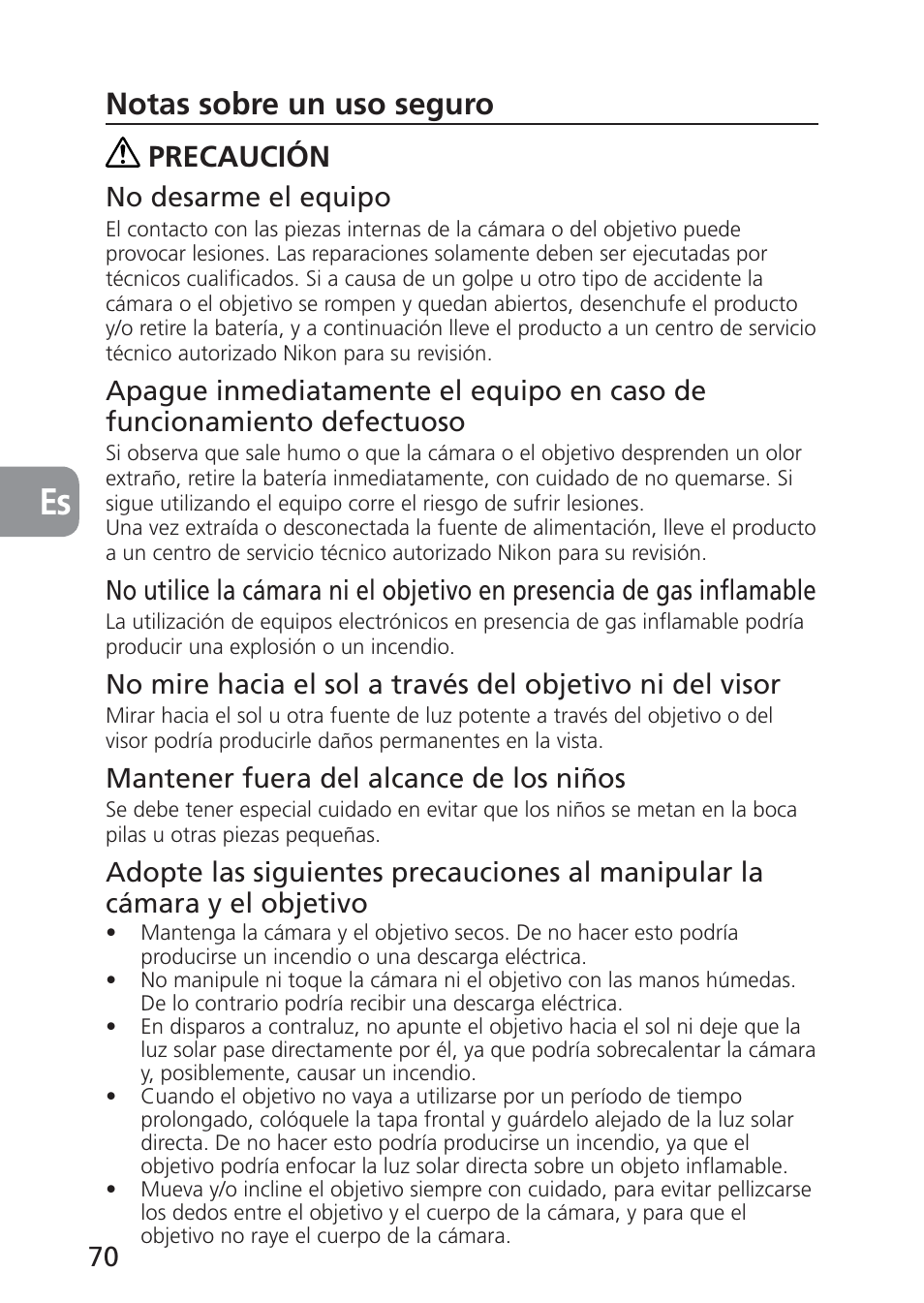 Notas sobre un uso seguro, Precaución | Nikon 24mm-f-35D-PC-E-Nikkor User Manual | Page 70 / 236