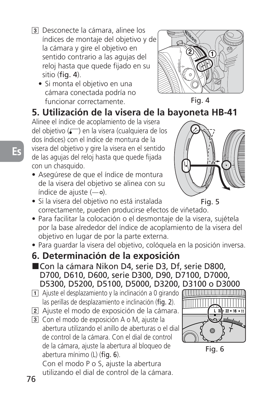 Utilización de la visera de la bayoneta hb-41, Determinación de la exposición | Nikon 24mm-f-35D-PC-E-Nikkor User Manual | Page 76 / 236