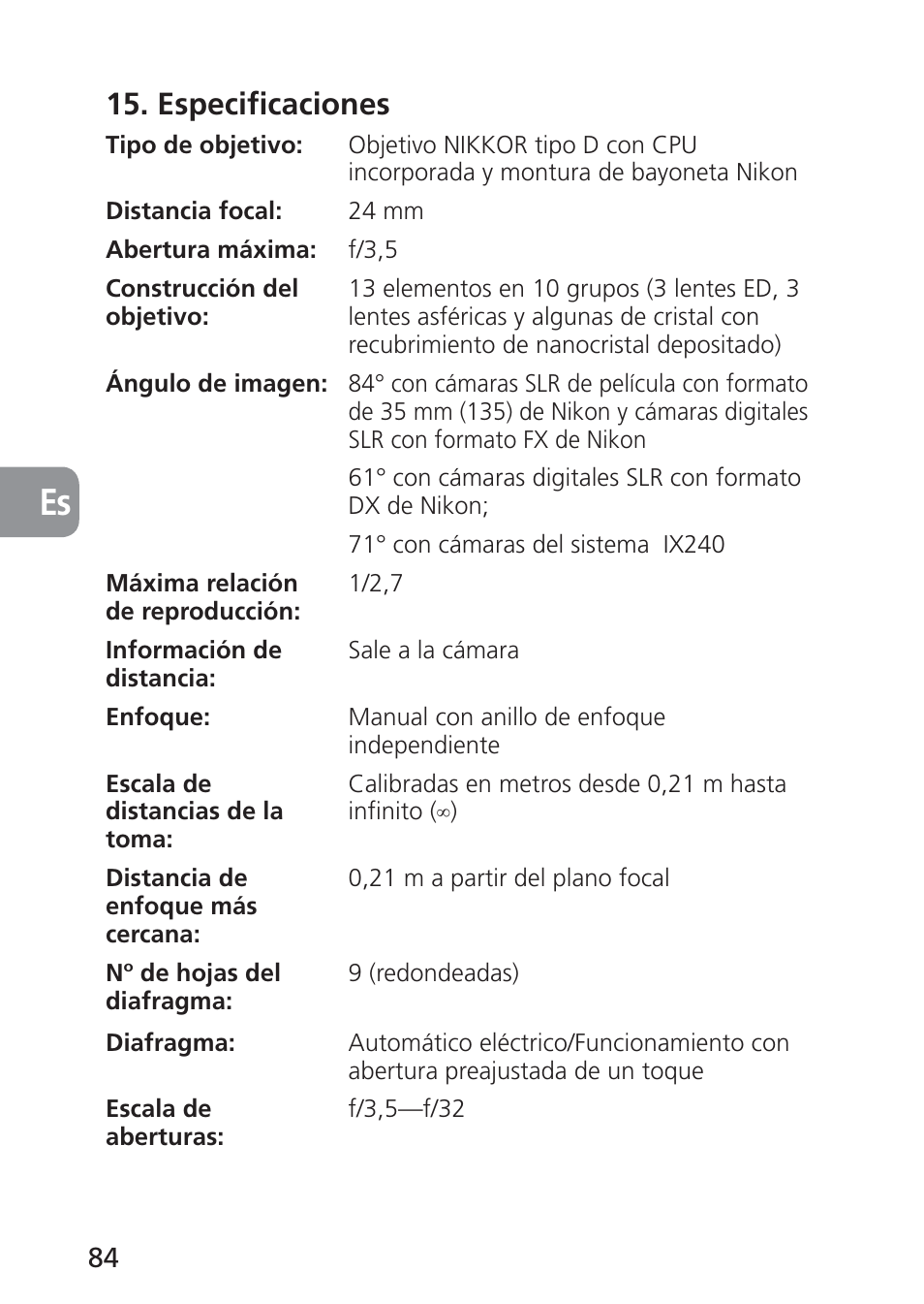 Especificaciones | Nikon 24mm-f-35D-PC-E-Nikkor User Manual | Page 84 / 236