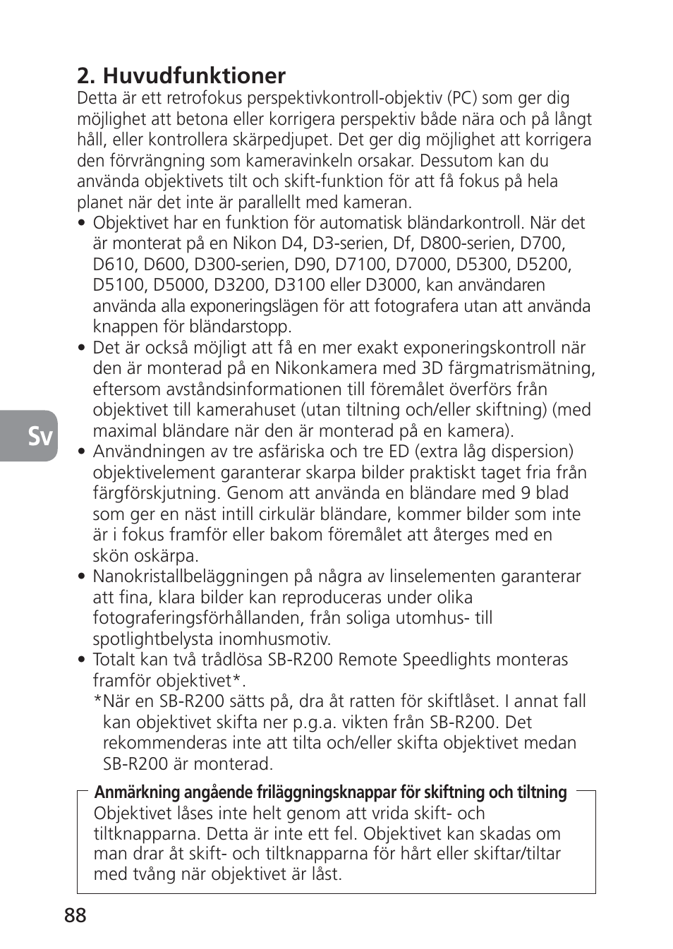 Huvudfunktioner | Nikon 24mm-f-35D-PC-E-Nikkor User Manual | Page 88 / 236