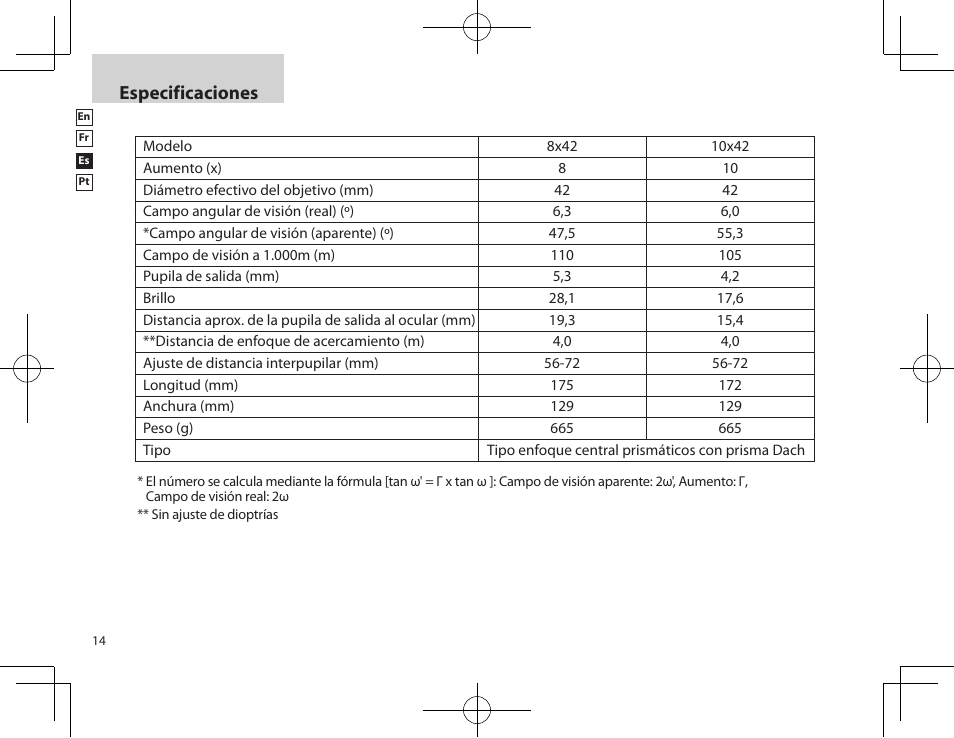 Especificaciones | Nikon PROSTAFF User Manual | Page 14 / 20