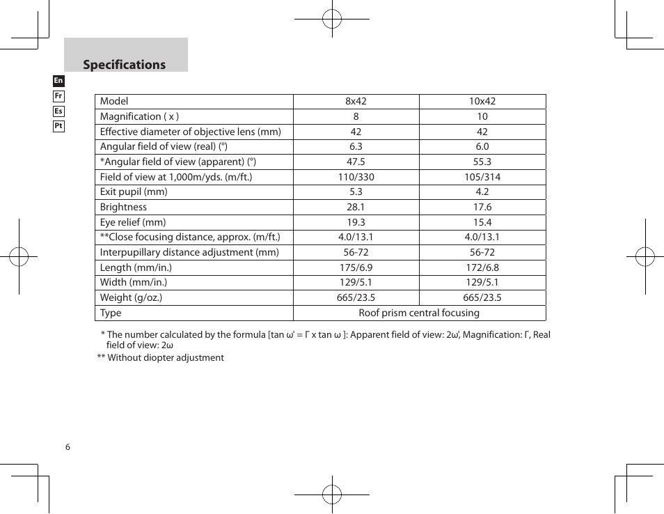 Specifications | Nikon PROSTAFF User Manual | Page 6 / 20