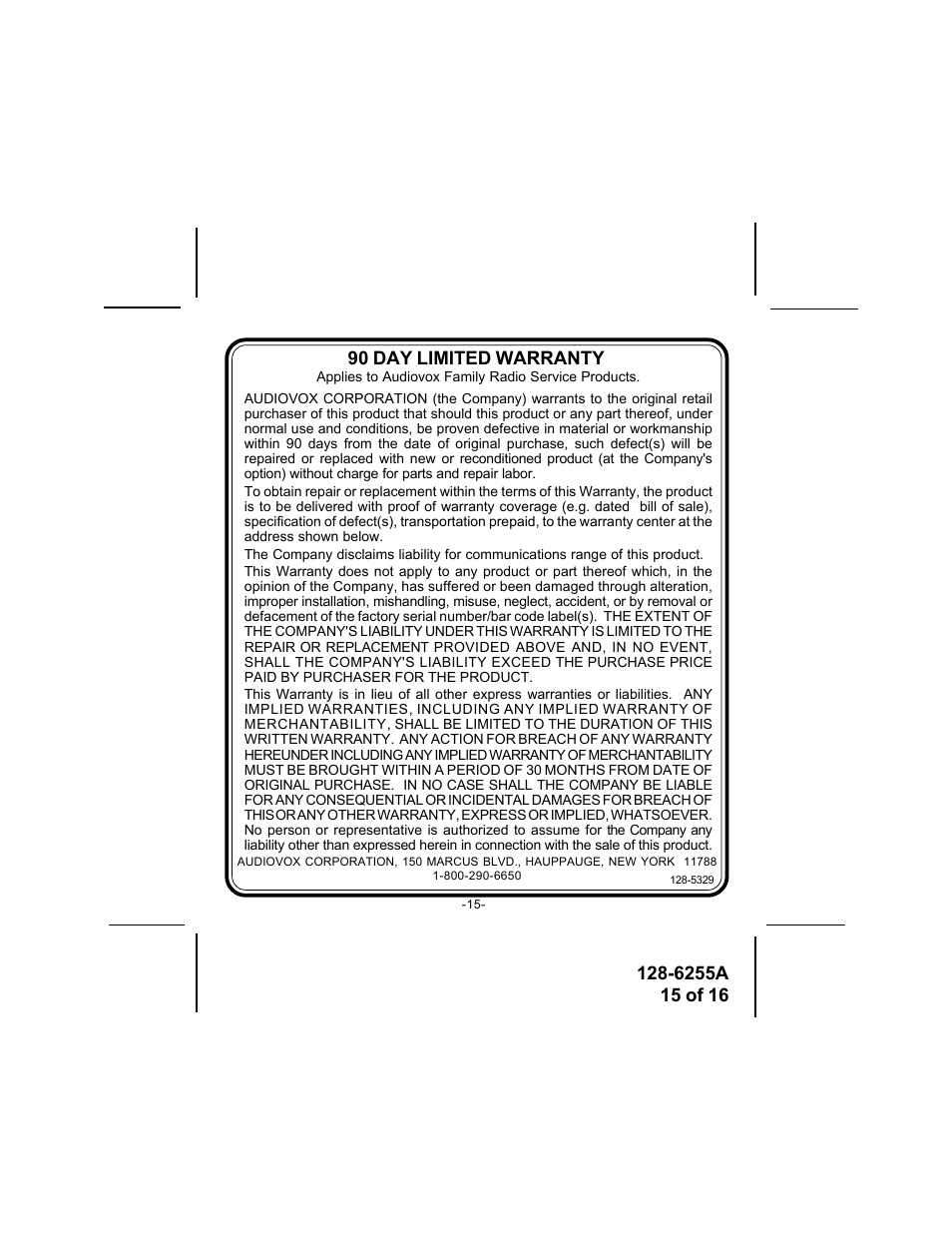 90 day limited warranty | Audiovox FR-531-2 User Manual | Page 15 / 16