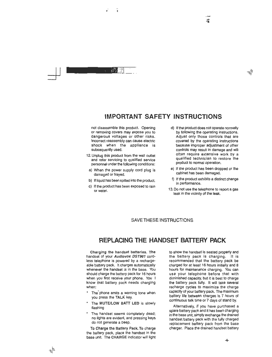Save these instructions, Important safety instructions, Replacing the handset battery pack | Audiovox DST 961 User Manual | Page 5 / 16