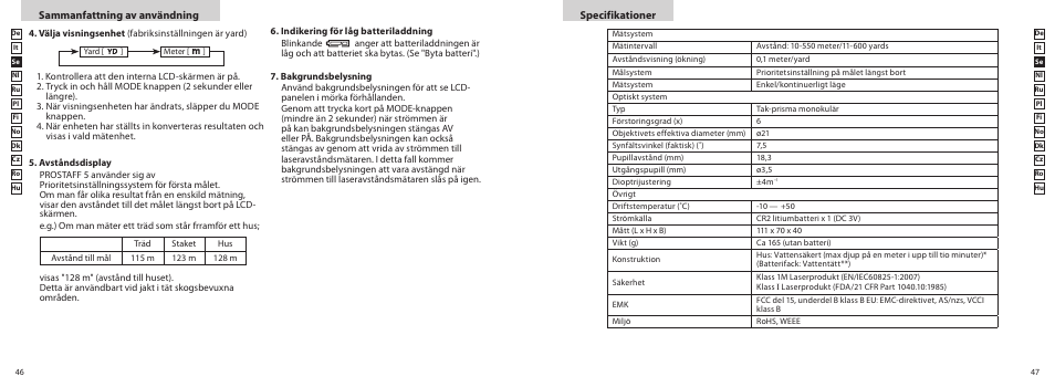 Specifikationer, Sammanfattning av användning | Nikon PROSTAFF User Manual | Page 24 / 99